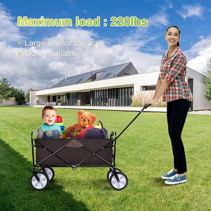 YSSOA Rolling Collapsible Garden Cart Camping Wagon, with 360 Degree Swivel Wheels & Adjustable Handle, 220lbs Weight Capacity,Brown