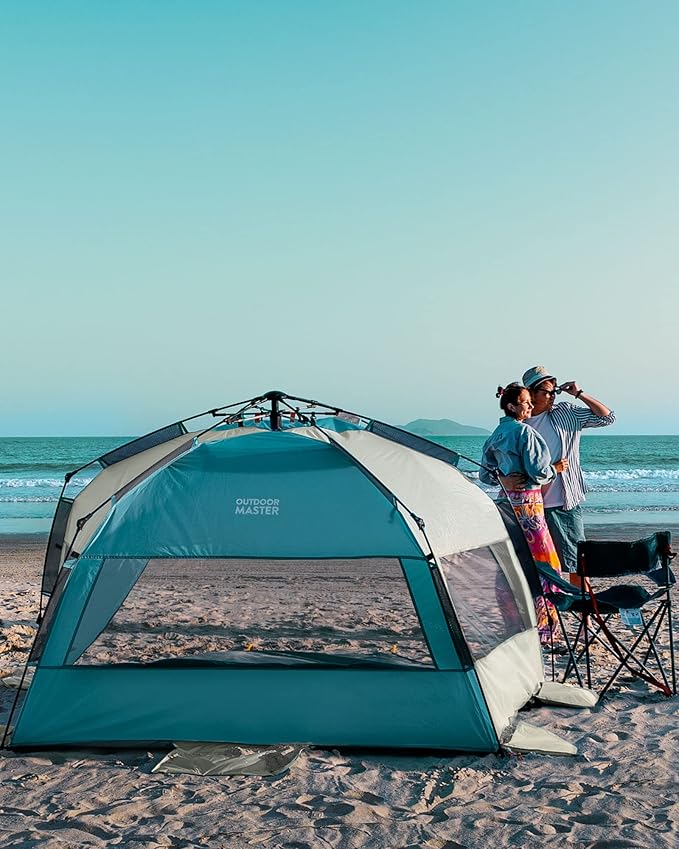 OutdoorMaster Beach Tent for 3-4 Person - Easy Setup and Portable Beach Shade Sun Shelter Canopy with UPF 50+ UV Protection Removable Skylight Family Size