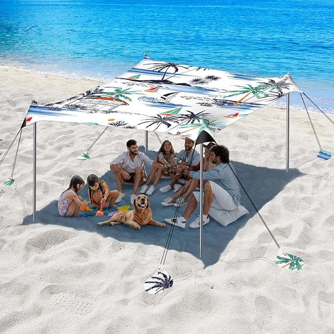 Beach Tent Sun Shelter, 10 x 10 FT Beach Canopy Tent Sun Shade, UPF50+ Beach Tent Canopy with 8 Sandbags & 4 Stability Poles, Outdoor Beach Tent for Beach Camping Fishing, Boat