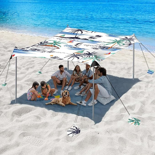 Beach Tent Sun Shelter, 10 x 10 FT Beach Canopy Tent Sun Shade, UPF50+ Beach Tent Canopy with 8 Sandbags & 4 Stability Poles, Outdoor Beach Tent for Beach Camping Fishing, Boat
