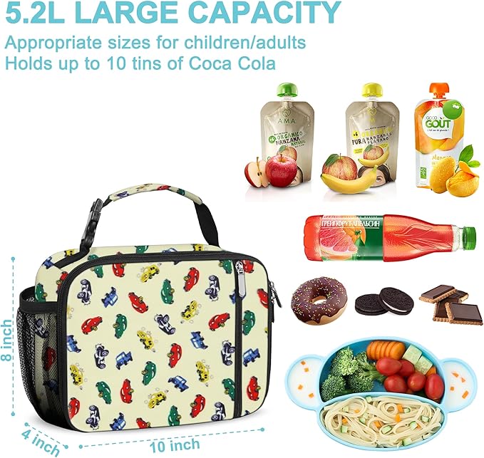esouler Lunch Box Kids Insulated Lunch Bag for Boys & Girls Durable Children Lunchbox for School with Water Bottle Holder-Car
