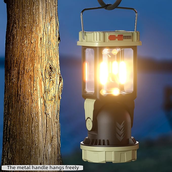 HOMY Electric Lanterns Solar Charging Gray-Green Camping Essentials LED Lights and Rechargeable Flashlight Headlight + Big Lights, 5 Light Mode Brighter Hanging Tent Lights Upgrade