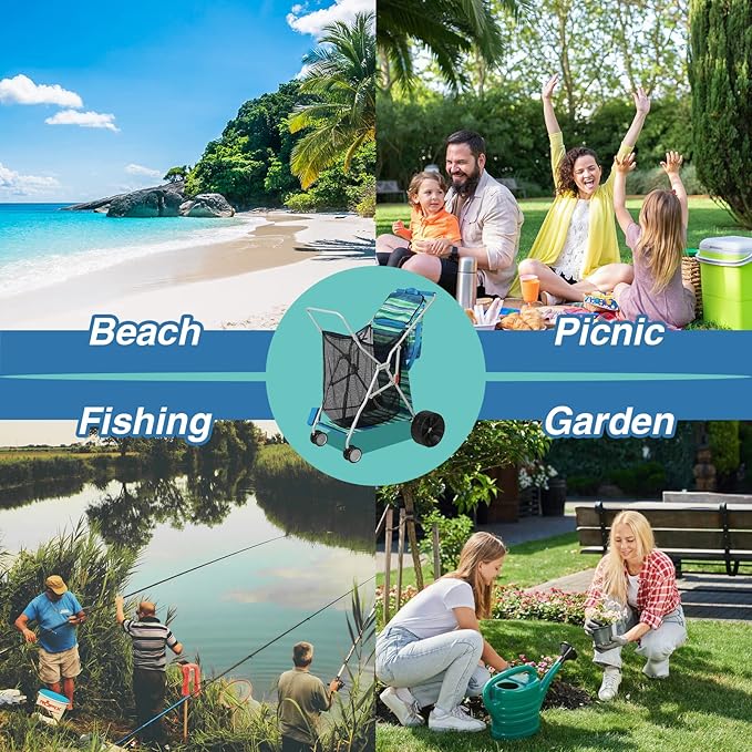Beach Cart with Big Wheels for Sand, Collapsible All-Terrain Beach Wagon with Cooler Bag & Umbrella Holder, Large Mesh Storage, Supports 100lbs for Camping, Outdoor, Shopping, Dark Blue
