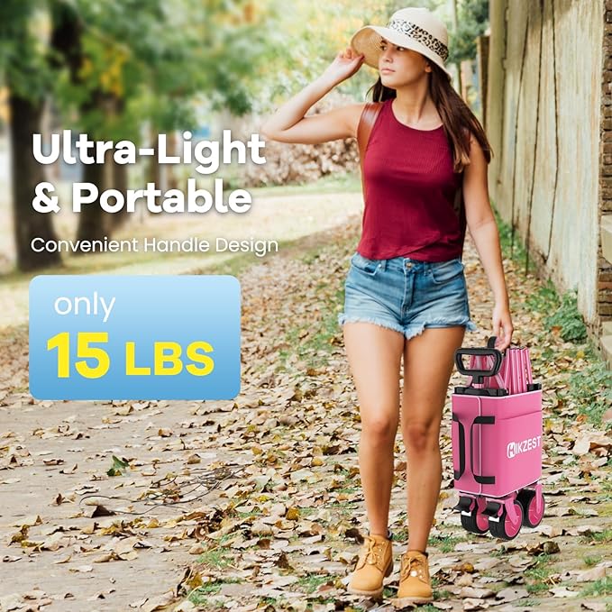 Collapsible Wagon Cart Foldable, 360LBS Heavy Duty Utility Wagon, Beach Wagon with Wider Wheels, Portable Grocery Cart for Camping, Shopping, Garden, Sports, Pink