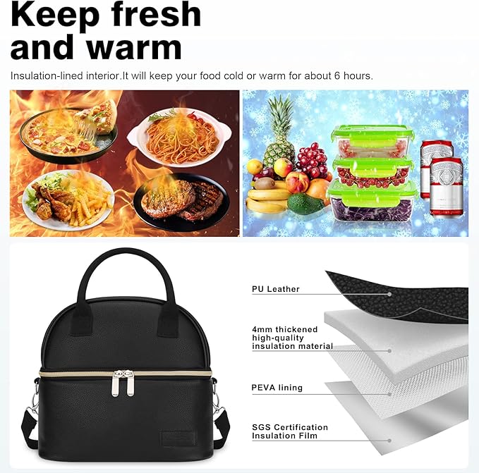 BALORAY Lunch Bag for Women Men, Double Deck Lunch Box for Adults, PU Leather Lunch Tote Bag Insulated Lunch Bags with Strap for Work Office Picnic