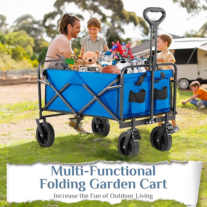 DUMOS Foldable Wagons Carts with All-Terrain Wheels, 170L & 400LBS Portable Shopping Wagon Large Capacity Utility Cart with Drink Holders, Heavy Duty Collapsible for Sand, Beach, Gardening (35IN Blue)