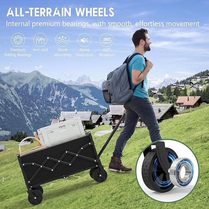 ZENPETIO 28" Collapsible Wagon Cart with Wheels Foldable, Tail Expansion 360lbs Portable Utility Beach Wagon，Lightweight Folding Cart for Outdoor Shopping Sports Camping