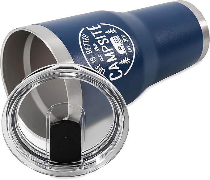 Camco Life is Better at The Campsite Tumbler | Heavy Duty Double Wall Vacuum Insulation | Crafted of 18/8 Stainless Steel | Unique “Life is Better at The Campsite” Design on Navy | 30-oz (53324)