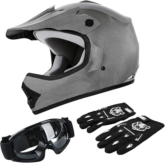 TCT-MOTORPARTS DOT Youth Kids Motocross ATV Helmets Offroad Street Dirt Bike Go-Kart BMX MX Full Face Helmet Carbon Fiber Large Size