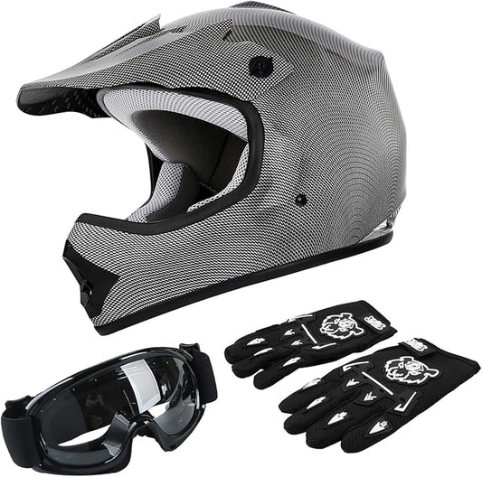 TCT-MOTORPARTS DOT Youth Kids Motocross ATV Helmets Offroad Street Dirt Bike Go-Kart BMX MX Full Face Helmet Carbon Fiber Large Size