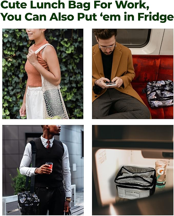 SUNNY BIRD Insulated Lunch Bag with Foldable and Leakproof Design, Thermally Insulated, Shoulder Strap for Women, Men and Teen (Floral & Foliage)