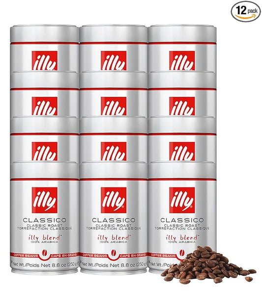 Illy Whole Bean Coffee, Classico Medium Roast - Mild & Balanced - 100% Arabica - Whole Beans - Pressurized Packaging Sealed for Freshness - 8.8oz can (Pack of 12)