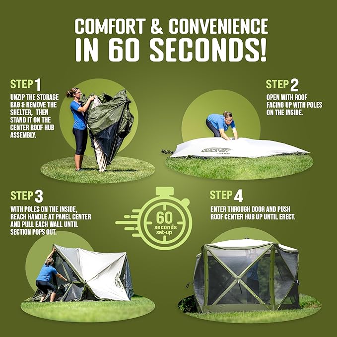 CLAM Pop Up Screen Tent, Outdoor Camping Gazebo Canopy, Pavilion, 12.5', Green/Tan