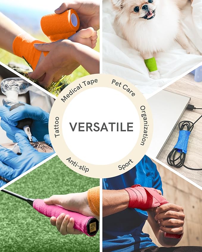 FriCARE Self Adhesive Bandage Wrap, Medical Tape in First Aid Kit, Cohesive Bandages for Wounds Sport Vet, FSA/HSA Eligible, 2 Inches X 5 Yards 6 Rolls, Sporty