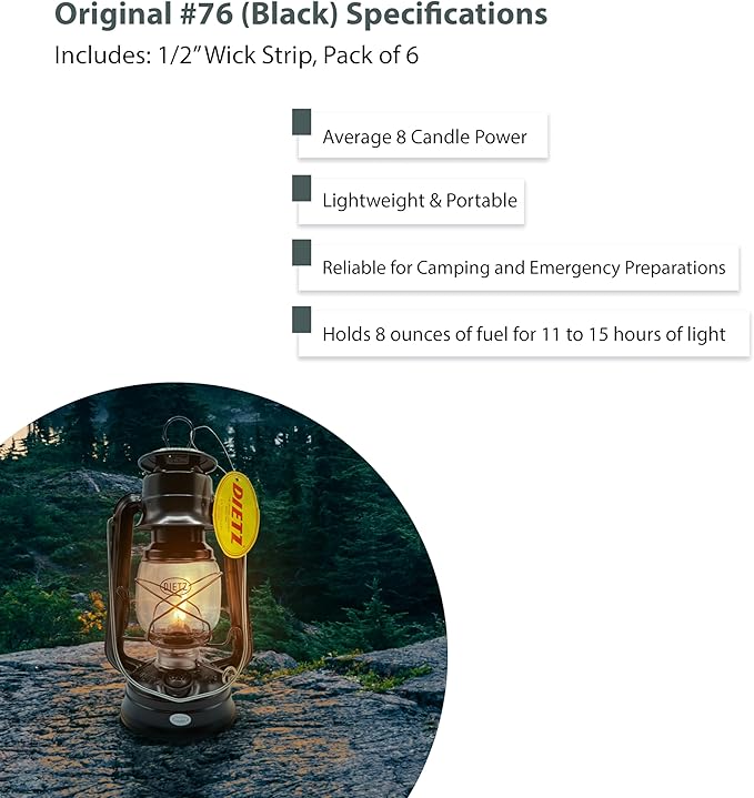 Light of Mine - Dietz #76 Original Black Oil Lantern with 1/2" Replacement Wick Strips (Black)