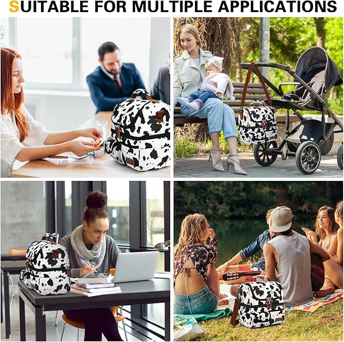 LOKASS Lunch Box for Women-Double Deck Insulated Adults Lunch Bag with Removable Shoulder Strap-Cow Print Cute Wide Open Lunch Tote for Work/Office/Picnic/Beach/Travel