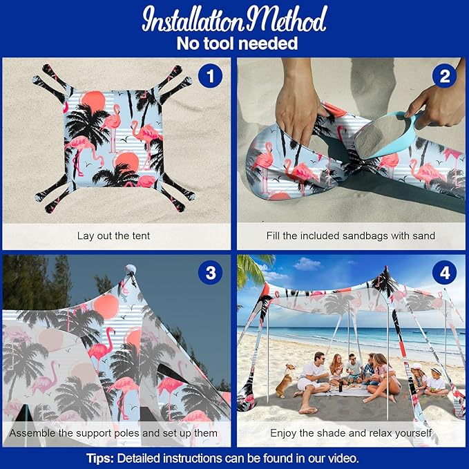 Rhino Valley Beach Tent Sun Shelter, Beach Canopy Tent Sun Shade UPF50+ Protection with 8 Sandbags 4 Stability Poles, Outdoor Beach Shade Canopy for Beach, Camping, Fishing