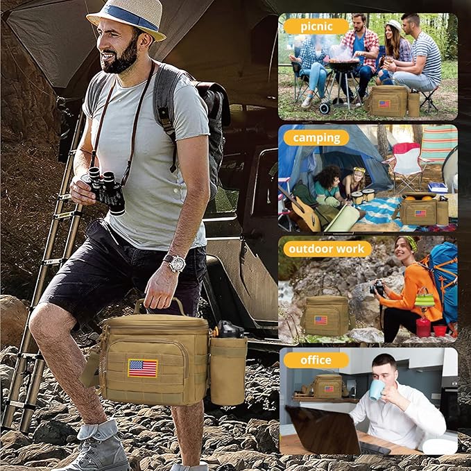 Tactical Lunch Box for Men, Insulated Lunch Bag MOLLE Webbing Leakproof, Cooler Large Lunchbox Women Adult with Adjustable Shoulder Strap Durable, Construction Heavy Duty Lunch Pail, Brown