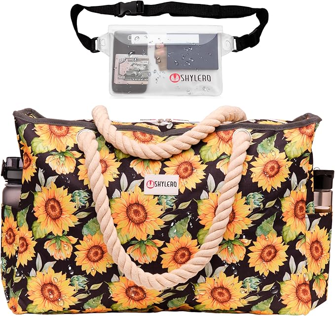 SHYLERO Beach Bag and Pool Bag. Has Airtight Pouch, Ton of Pockets. Beach Tote is Zippered, Water Resistant. Family Size