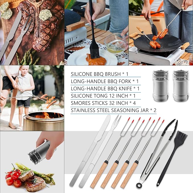 Camping Cooking Essentials Utensils Set - Camp Cookware Kitchen Accessories Kit, Camper Gear Must Haves, Stainless Steel & Silicone, RV Car Portable Outdoor Equipment Tool