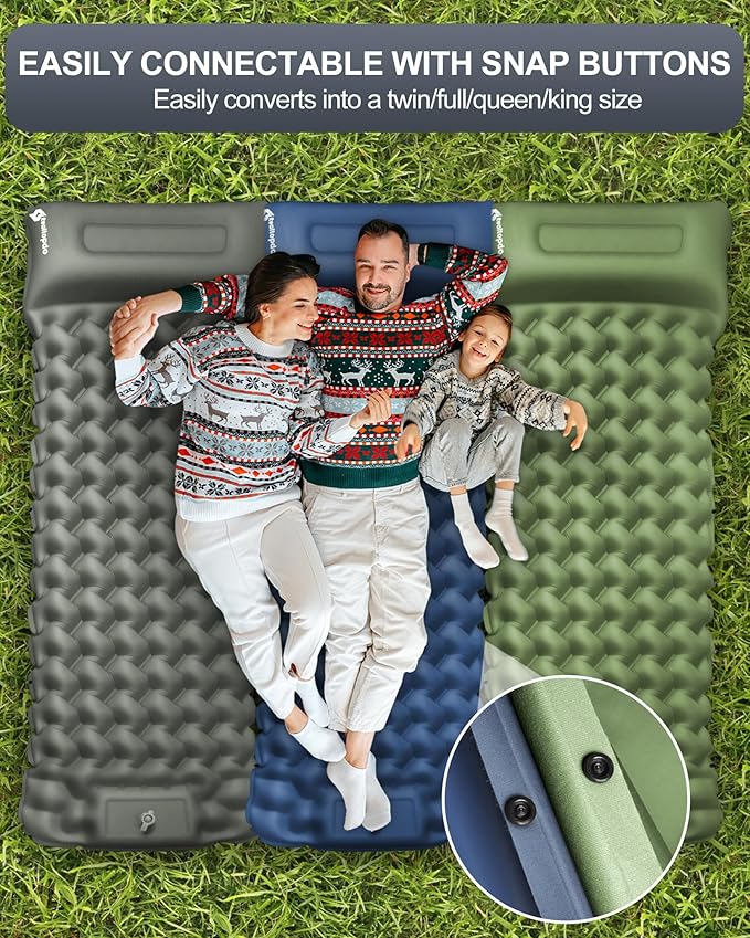 Inflatable Camping Sleeping Pad with Pillow & Foot Pump, 3"x79"x26" Single Camping Air Mattress, Compact Roll-Up, Quick-Dry & Durable Sleeping Mat for Backpacking, Hiking, Tent, Travel – Grass Green