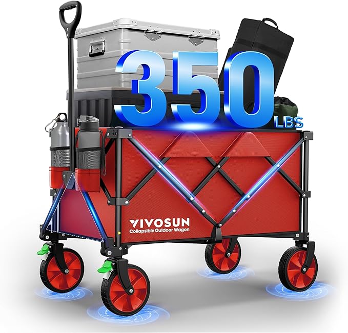 VIVOSUN Collapsible Folding Wagon, 350 lb Load-Bearing Outdoor Utility Cart with Silent Universal Wheels, Cup Holders &Side Pockets, Adjustable Handle, for Camping, Garden, Sports, Picnic, Shopping