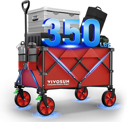 VIVOSUN Collapsible Folding Wagon, 350 lb Load-Bearing Outdoor Utility Cart with Silent Universal Wheels, Cup Holders &Side Pockets, Adjustable Handle, for Camping, Garden, Sports, Picnic, Shopping
