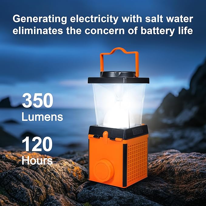 Saltwater Camping Lantern, LED, Orange, Waterproof, 3.54"L x 3.54"W x 9.84"H, 350 Lumen, 150 Hour Battery Life, Solar Powered, 5V, Emergency, Hiking, Camping, Hurricane