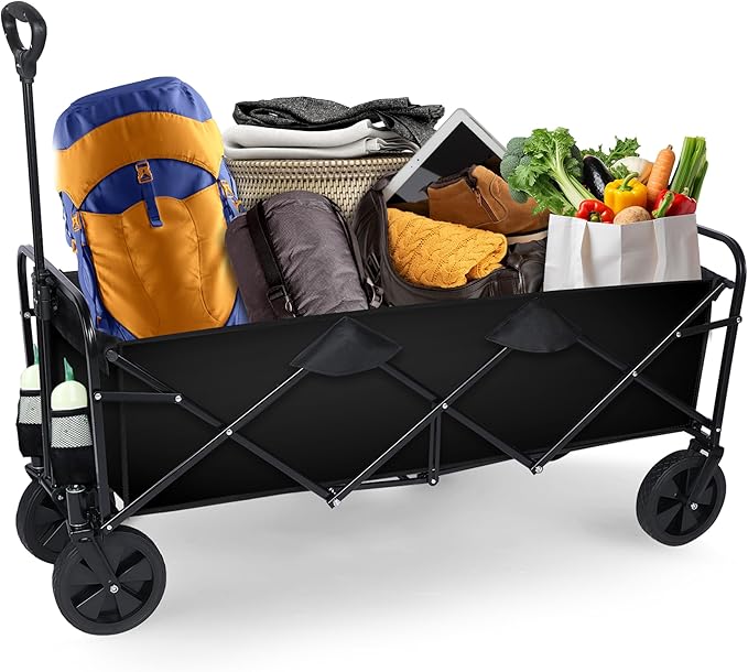 YSSOA Heavy Duty Folding Portable Hand Cart with Removable Canopy, 8'' Wheels, Adjustable Handles and Double Fabric for Shopping, Picnic, Beach, Camping