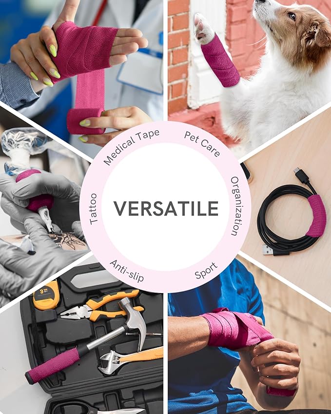 FriCARE Self Adhesive Bandage Wrap, Medical Tape in First Aid Kit, Cohesive Bandages for Wounds Sport Vet, FSA/HSA Eligible, 2 Inches X 5 Yards 6 Rolls, Magenta