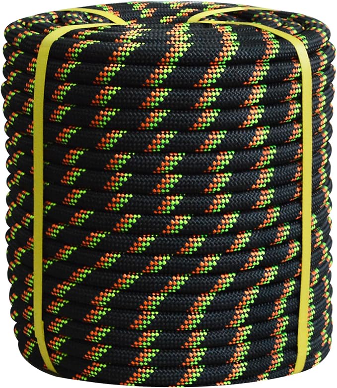 Double Braided Arborist Rope - 3/4 Inch x 100 Feet Polyester High Strength Climbing Rope for Tree Work, Swing, Halyard, Sailing(Black/Green/Orange)