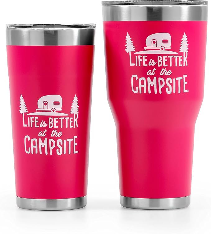 Camco Life is Better at The Campsite Tumbler | Heavy Duty Double Wall Vacuum Insulation | Crafted of 18/8 Stainless Steel | Unique “Life is Better at The Campsite” Design on Coral Pink | 20-oz (53061)