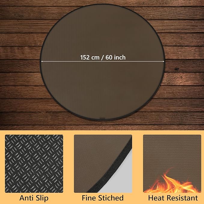 Anze Round Under Grill Mat for Outdoor Grill, 60 Inch Anti-Slip BBQ Floor Mats, Easy to Clean Reusable Fireproof Grill Pad, Oil-Proof Waterproof Protector for Deck Fireplace Pit Mat Brown