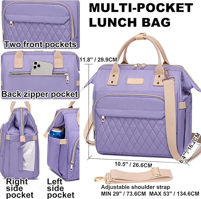 AIJIEKE Lunch Bag for Women, Large Lunch Box for Work Insulated Lunch Bag, Adult Leakproof Lunch Tote Cooler Bag with Side Pockets & Adjustable Strap, Lunch Purse for Picnic Beach, Purple
