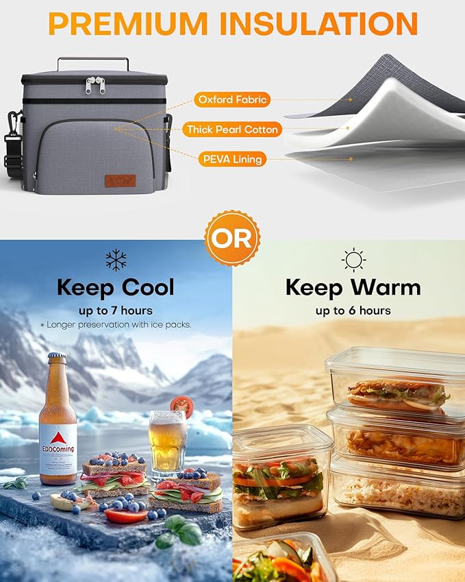 HOTOR Insulated Lunch Box for Men & Women - Leak-Proof Cooler Lunch Bag with 4 Pockets, Adjustable Strap, Ideal for Work, Picnic, Travel - Medium, Light Grey,10.2"×6.9"×8.5"