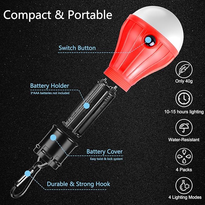 PEMOTech Camping Lantern 4 Pack, 4 Lighting Modes LED Camping Lights Bulbs with Clip Hooks, Waterproof Portable Battery Operated Emergency Tent Lights for Outdoor Camping Hiking Fishing Hunting