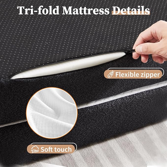 DUMOS Folding Mattress, 4 inch Tri-Fold Memory Foam Mattress, Foldable Mattress Topper with Washable Cover, Foldable Guest Bed, Travel Mat, 80"×60"×4", White