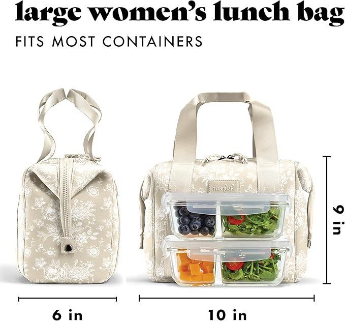 Fit & Fresh Neoprene Lunch Bag For Women, Insulated Womens Lunch Bag For Work, Tear & Stain Resistant Large Lunch Box For Women With Containers and Ice, Machine Washable Remi Lunch Bag, Tan Toile
