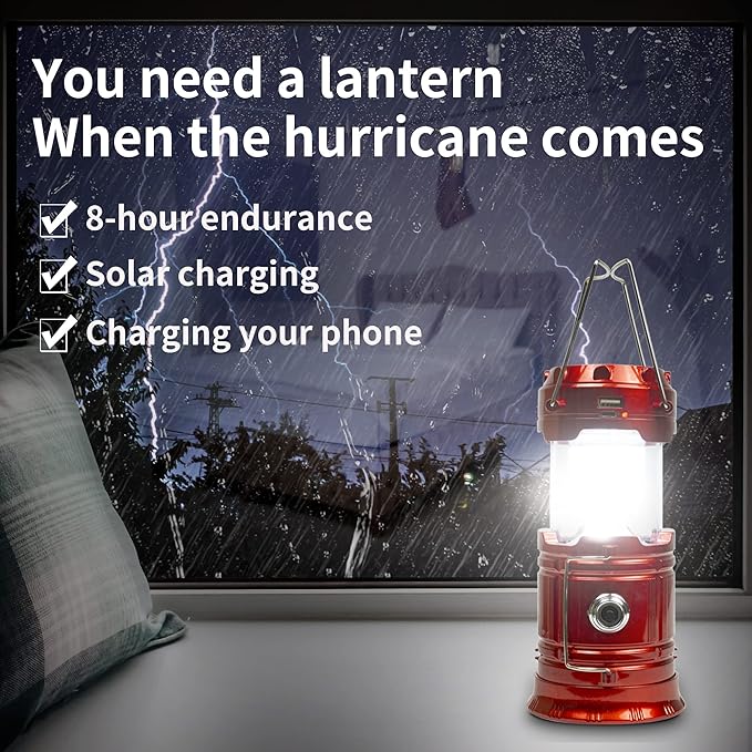 Solar Camping Lantern Rechargeable USB,COB LED Lantern Flashlight 2 Power Supply Modes Survival Kit for Emergency, Hurricane(Red 2 Pack)