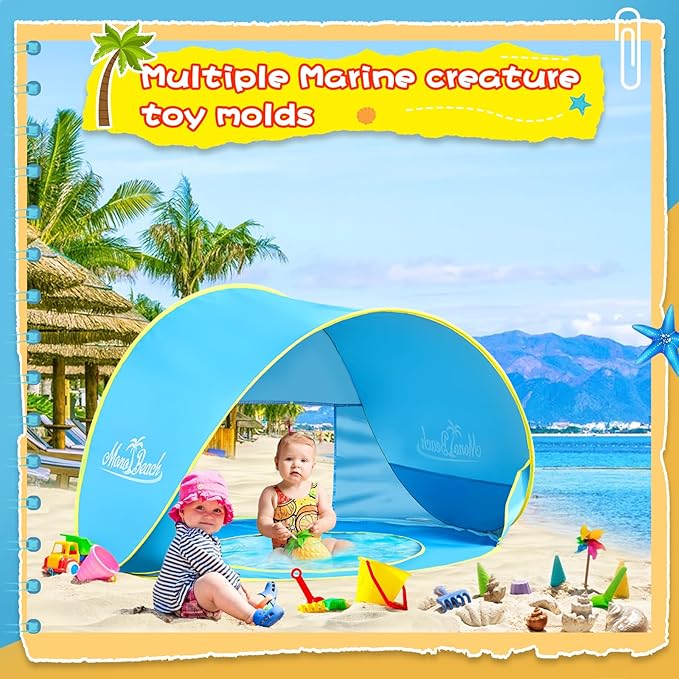 Monobeach Baby Beach Tent with Sand Toys Pop Up Portable Shade Pool UPF50+ UV Protection Sun Shelter for Infant with Easy Set Up Canopy (Blue with Sand Toys)