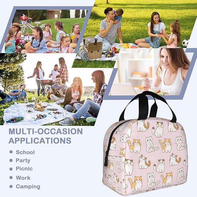 Cute Cartoon Cat Pink Lunch Box,Insulated Lunch Bag for Girls Boys,Reusable Lunch Box for Kids Adults School Student Work Picnic Travel