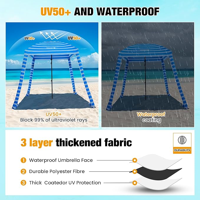 HOMEDEMO Beach Cabana UPF 50+, 6'×6' Beach Canopy, Easy Set up and Take Down, Cool Cabana Beach Tent with Sand Pockets, Side Wall Beach Shade Canopy Wind Waterproof for Kids, Family & Friends
