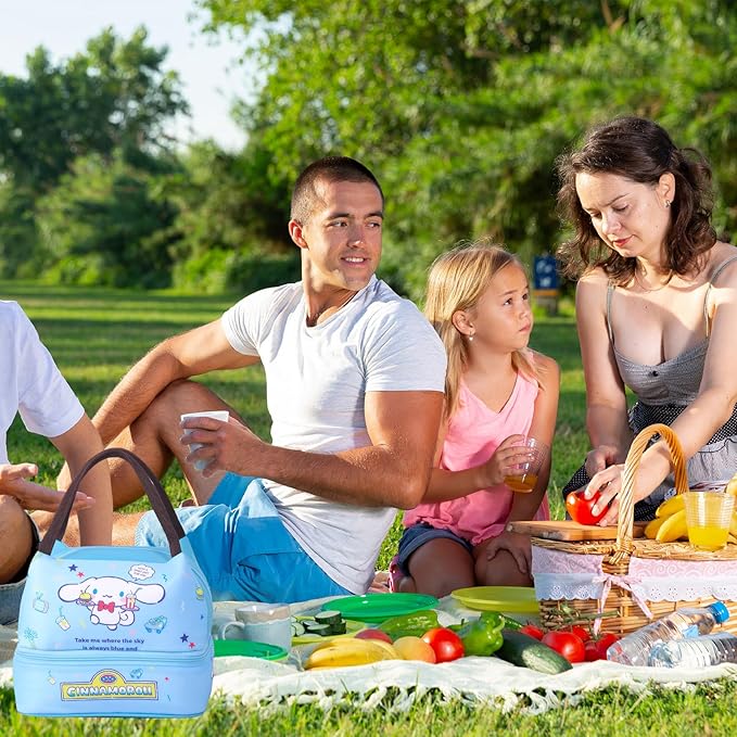 Kawaii Insulated Lunch Bag for Women Men, Cute Reusable Large Capacity Lunch Box, Double Compartment Container Lunch Tote Bag, Thermal Cooler Bag Food Handbags for Work Travel (Blue)