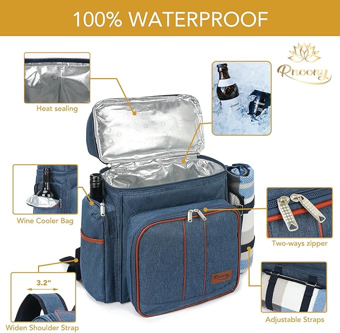 Rnoony Picnic Backpack for Camping, Picnic Basket for with Insulated Cooler Bag and Bottle Pouch,Camping Gifts for Couples with Lightweight Blanket and Cutlery Set for Family, Couple and Hiking