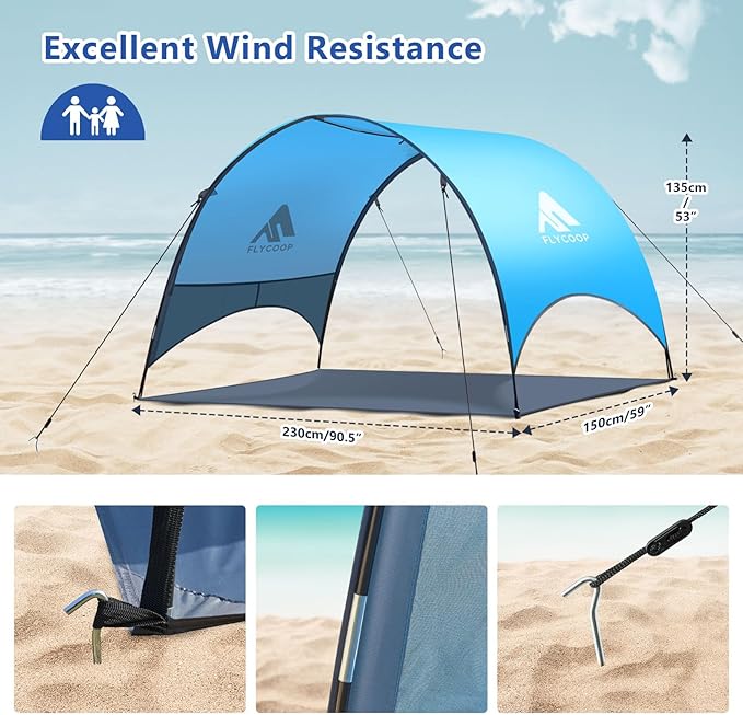 Beach Tent - Beach Shade Canopy Compact Fold (16.9x3.9″), Own Patent, 360° Ventilation, Large Side Storage Pocket, UV Protection Portable Sun Shelter for Beach (Blue, 90.5 * 59 * 53″)