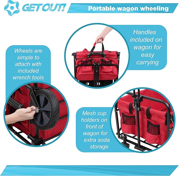 Get Out! Wagons Carts Foldable Red - 220 Pound Max Heavy Duty Collapsible Folding Wagon Cart with Wheels - Utility Cloth Beach Wagon with Side Table for Garden, Sports, Groceries, Fishing, and Camping