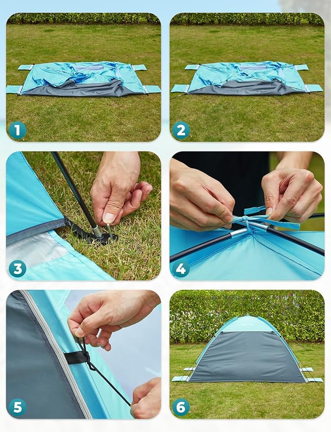 Beach Tent Sun Shelter for 3 Person with UPF 50+ UV Protection, Lightweight & Easy Setup Beach Shade Canopy with Vent Windows & Zippered Door