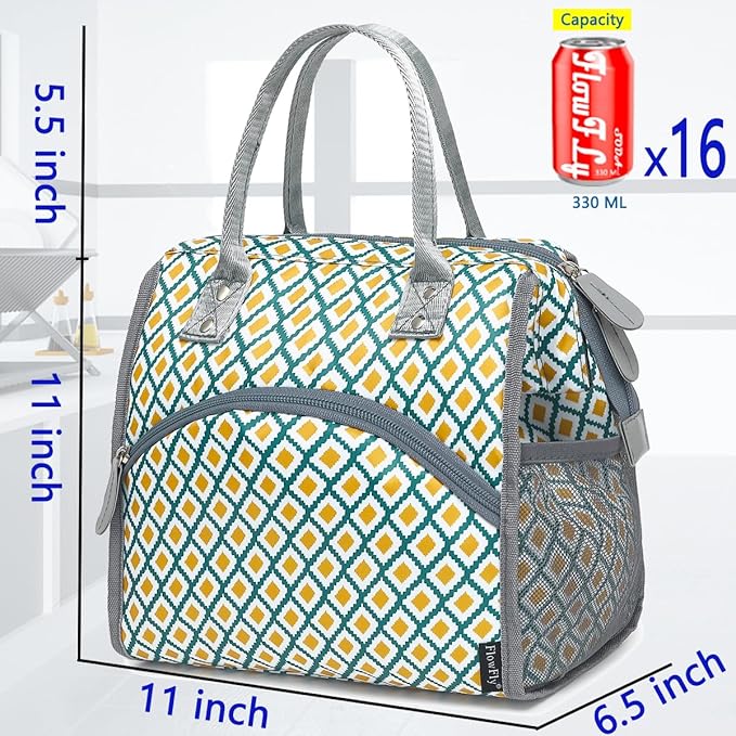 FlowFly Insulated Lunch Bag for Women, Men, Large and Reusable, Handle, Work and Travel Tote and Meal Prep Organizer, Square