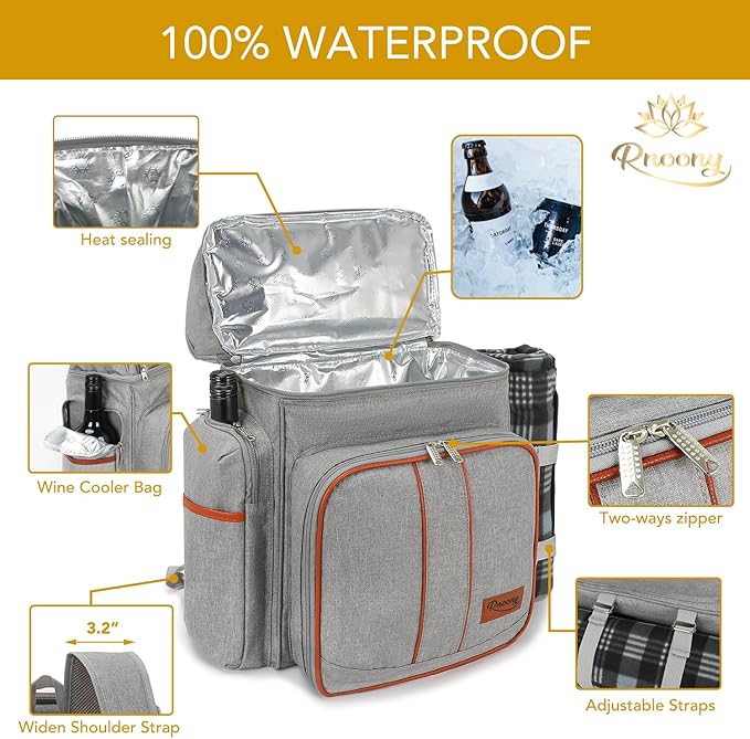 Rnoony Picnic Backpack for Camping, Picnic Basket for with Insulated Cooler Bag and Bottle Pouch,Camping Gifts for Couples with Lightweight Blanket and Cutlery Set for Family, Couple and Hiking