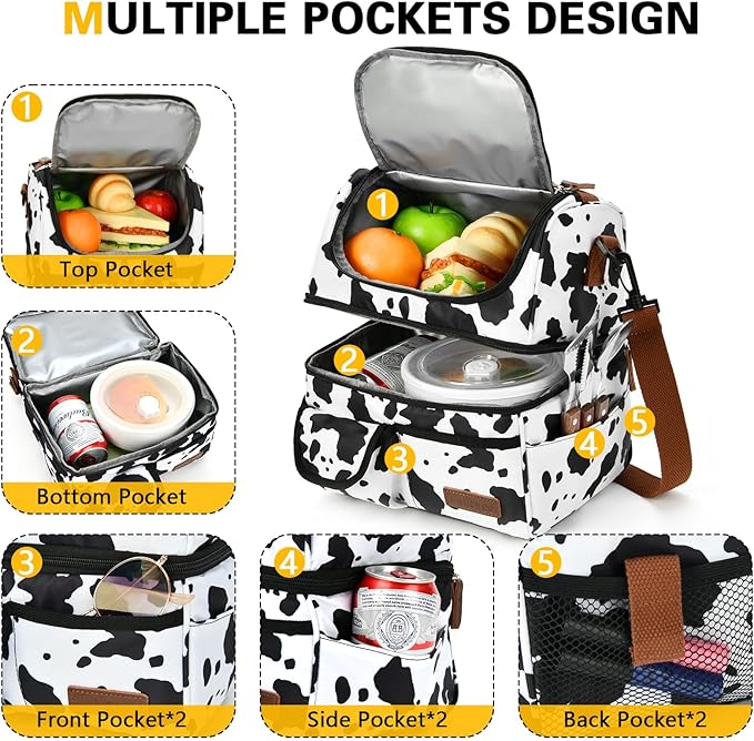 LOKASS Lunch Box for Women-Double Deck Insulated Adults Lunch Bag with Removable Shoulder Strap-Cow Print Cute Wide Open Lunch Tote for Work/Office/Picnic/Beach/Travel